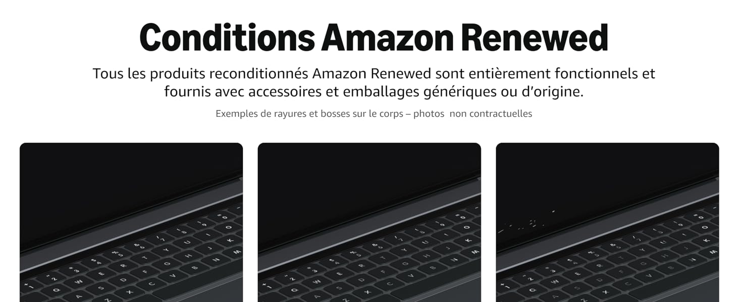 Le texte indique « Conditions renouvelées par Amazon », suivi d'images des produits montrant ce qui semble être des écrans ou des affichages d'appareils électroniques.