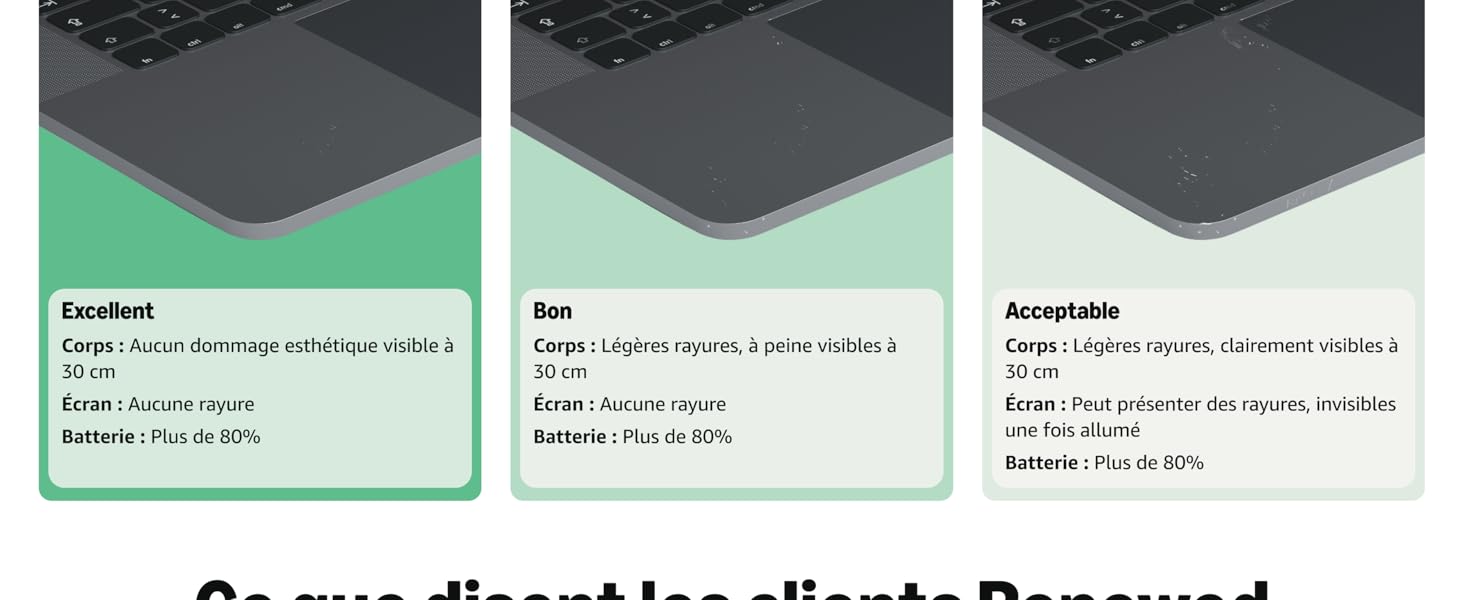 Le texte se lit comme suit : « Corps : Légères rayures, à peine visibles à 50 cm », « Écran : Aucune rayure », « Batterie : Plus de 90 % », « État : Bon ». Série d'images montrant les détails de l'inspection technique d'un appareil.
