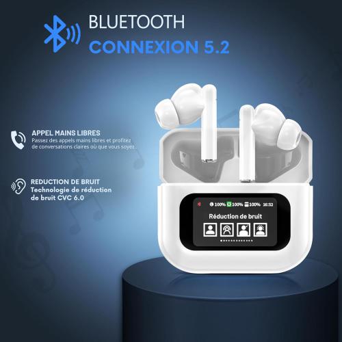 Good Nook Écouteurs blanc Bluetooth sans Fil, réduction de Bruit, Écran Tactile